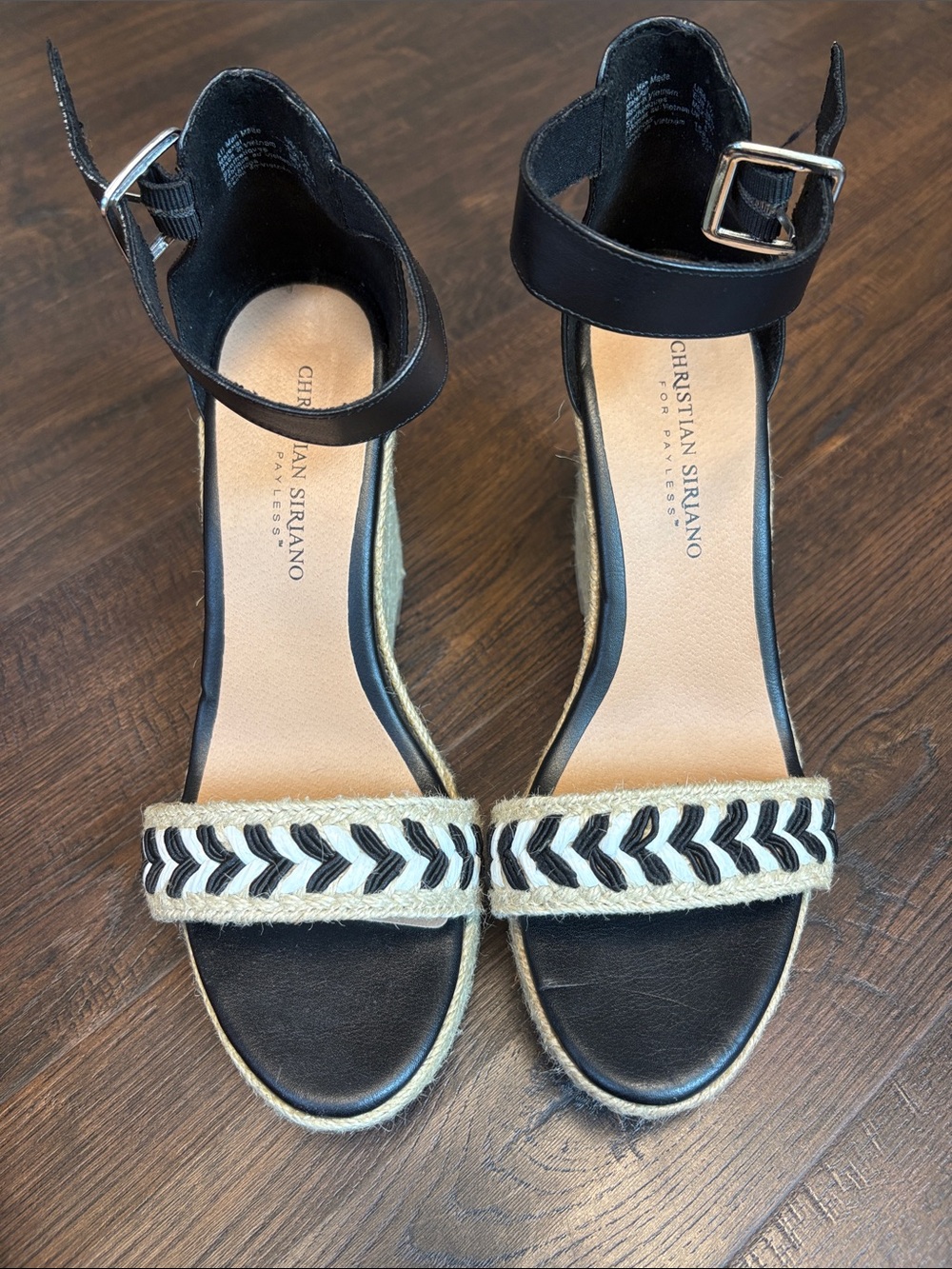 Christian Siriano Black and Cream Braided Espadrille Wedge Sandals women’s 7.5